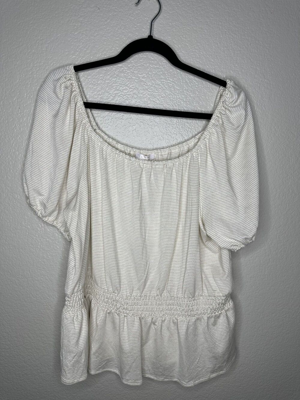 NEW Lauren Conrad Smocked Waist Top Womens 2XL White Marshmallow Metallic Stripe